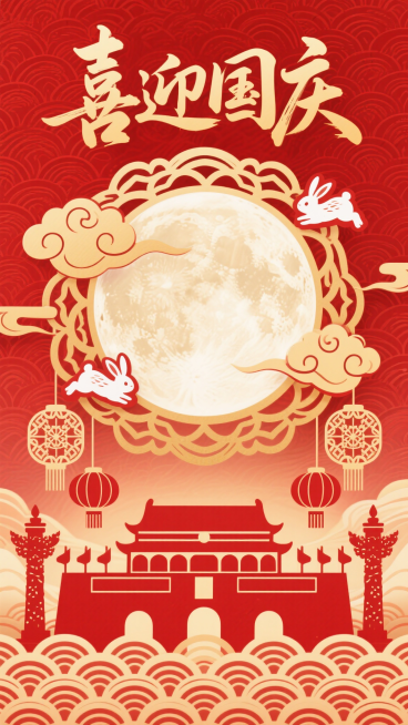 中国传统剪纸风格插画，以红色与金色为主色调，画面中央是巨大的剪纸风格圆月，圆月周围环绕祥云纹样，下方有标志性建筑剪纸剪影，建筑两侧悬挂剪纸灯笼，玉兔灵动地分布在圆月或祥云之上，背景布满传统波浪纹理，上预览效果