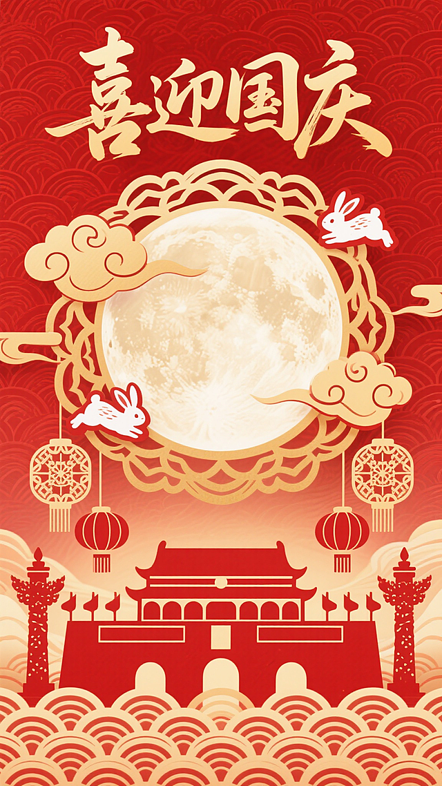 红金双色剪纸风插画，融合中式建筑与满月祥云，国潮几何元素点缀，喜迎国庆，尽显民族喜庆氛围。