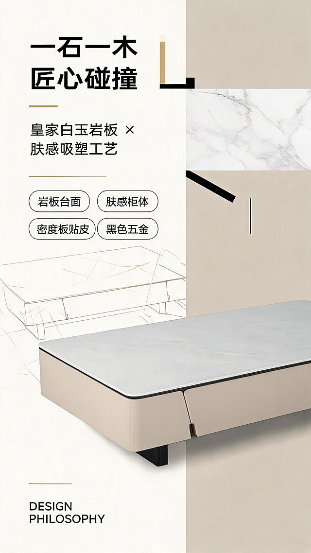 [第2张] 设计美学页-皇家白玉岩板与肤感柜体材质碰撞叙事。本张使用【图1】作为商品主体，展示茶几局部特写。
[氛围/风格] 现代轻奢设计感，极简高级，材质对比叙事，商业摄影质感。
[元素布局] 茶几置于画面右侧，占比约50%，特写岩板台面与肤感柜体的拼接处；左侧为设计感背景，含大理石纹理色块、浅米色肤感材质色块、黑色线条装饰；画面中可加入设计手稿线条、几何图形点缀；产品结构、颜色、材质与输入图一致。
[光影质感] 顶部柔光打亮岩板面，侧光勾勒柜体边缘线条，明暗对比突出材质质感，岩板有细腻纹理反光。
[配色色系] 全局底色 #F8F5F0 奶白色；主色白+浅咖；辅助色黑色线条、深灰文字；点缀色金色细线条。
[视角构图] 正面微侧视，左右分栏构图，阅读动线左上文→右侧产品特写。
[文字版式] 左侧上半区为文案区。主标题「一石一木 匠心碰撞」，副标题「皇家白玉岩板 × 肤感吸塑工艺」；下方4个图标标签「岩板台面」「肤感柜体」「密度板贴皮」「黑色五金」；底部小字英文「DESIGN PHILOSOPHY」。文字清晰不遮挡产品。
[比例分辨率] 9:16 竖版比例，2K分辨率，文字清晰可辨，高清画质。
[负向提示词] 产品变形，缺件错件，颜色偏差，水印，文字错乱，产品图模糊，背景杂乱。