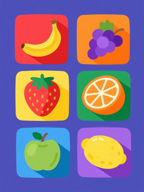 六个不同纯色背景的卡通水果系列素材集合，每个水果采用与原图一致的扁平插画风格，线条平滑简洁，色彩鲜明饱满，高光和阴影处理统一，元素规整排布。第一个是红色背景上的黄色香蕉串，第二个是橙色背景上的紫色葡萄串，第三个是黄色背景上的红色草莓，第四个是绿色背景上的橙色橙子切片，第五个是蓝色背景上的绿色苹果，第六个是紫色背景上的黄色柠檬，所有水果形态卡通化，边缘圆润，保持相同的视觉重量和构图比例，整体形成……预览效果