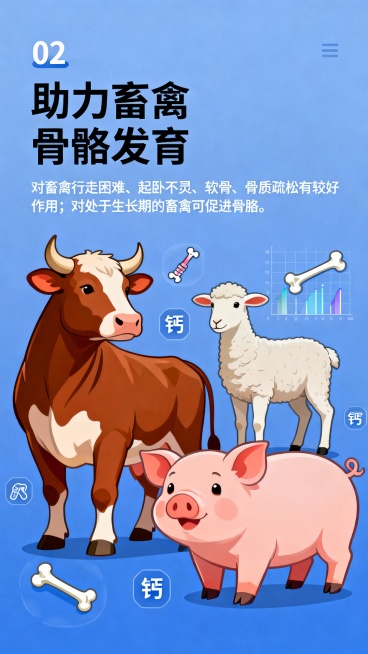 上半部分的文字都删掉，连贯做出下列
02（靠左）
助力畜禽
骨骼发育

（小小字写）对畜禽行走困难、起卧不灵、软骨、骨质疏松有较好作用对处于生长期的畜禽可促进骨胳发育，拉大动物骨架
这里配一张跟文案搭预览效果