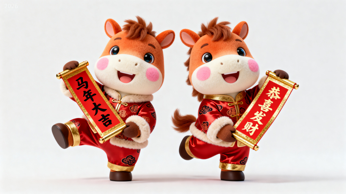 帮我生成图片：核心主题：2026 马年新春治愈萌系 3D Q 版马 IP 形象，风格为 “国潮喜庆 + 软萌手办质感”，适配新春文创、包装、美陈元素，主色调暖橙棕 + 正红 + 鎏金，兼顾细腻质感与节预览效果