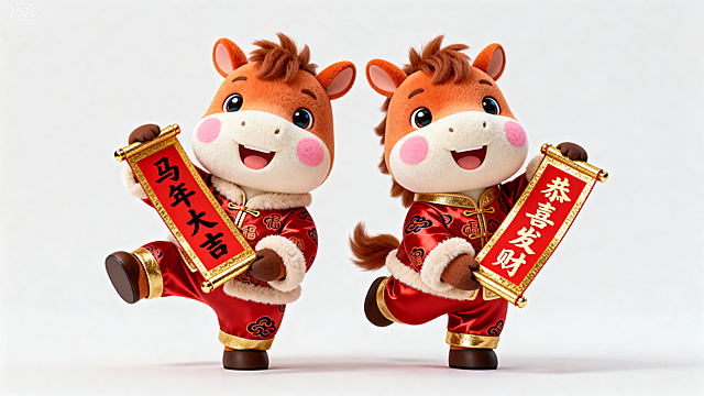 软3D风格的拟人化小马，身着国潮风唐装，手持春联，毛发生长质感细腻，萌趣十足，传递喜庆吉祥的春节氛围。