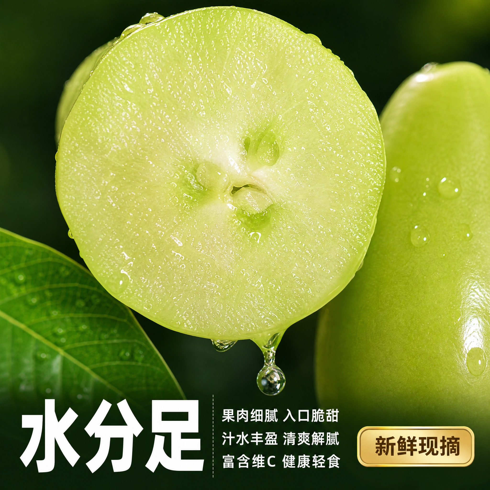 [主图3-细节微距] 泰国进口青绿色莲雾细节特写主图，采用聚焦… - 图片创意预览