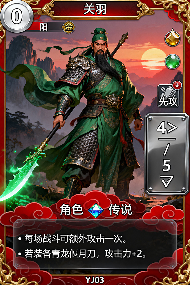 竖版游戏卡牌，尺寸比例2:3，63mm×88mm适合打印，UI设计为中国武将风格，红金配色，玉质点缀。布局：左上角0费图标，银白色空心圆，内写"0"；顶部横栏卡名"关羽"，旁标注"阳"和"金"属性小图标；中央插画为三国时期威武关羽，绿袍重甲，丹凤眼长须髯，站立姿态，手握青龙偃月刀斜于身后，刀身泛绿色微光，背景为暮色山峦与残阳，风吹袍角；右侧中部金属框属性面板，显示"4⚔️ / 5🛡️"，附近加注"先攻"小图标；下半区文字框半透黑底带红云纹，首行"角色 — 传说"带传说宝石图标，下方两行效果文字：第一行"每场战斗可额外攻击一次。"，第二行"若装备青龙偃月刀，攻击力+2。"；底部边缘标注编号"YJ03"。整体风格三国奇幻，高精度渲染，红绿对比，戏剧化光照，适合打印。