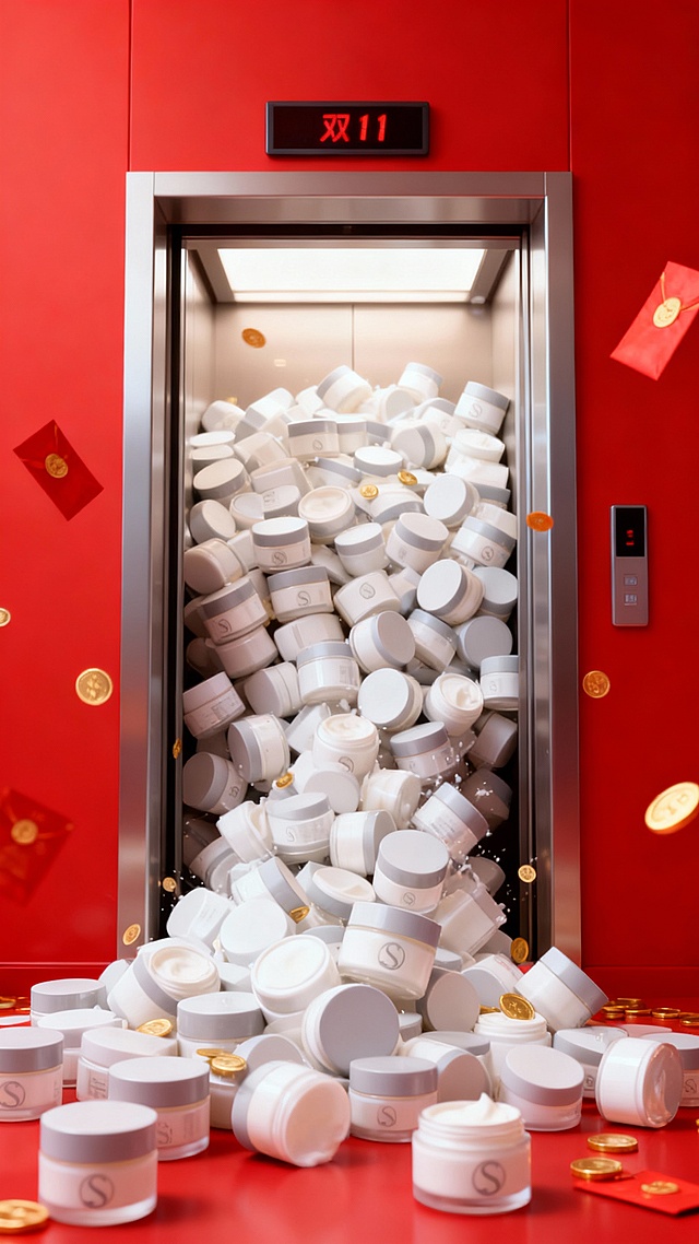 将画面中的主体提取到一个开门的电梯画面，主体重复的、拥挤的、密集且杂乱堆叠，堆满内部，从电梯中涌出到画面前方，电梯上显示屏有“双11”，点缀金币、红包，红色主色调