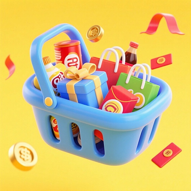 一个蓝色购物篮，里面有礼盒、购物袋、零食饮料，点缀金币、红包、飘带，黄色背景