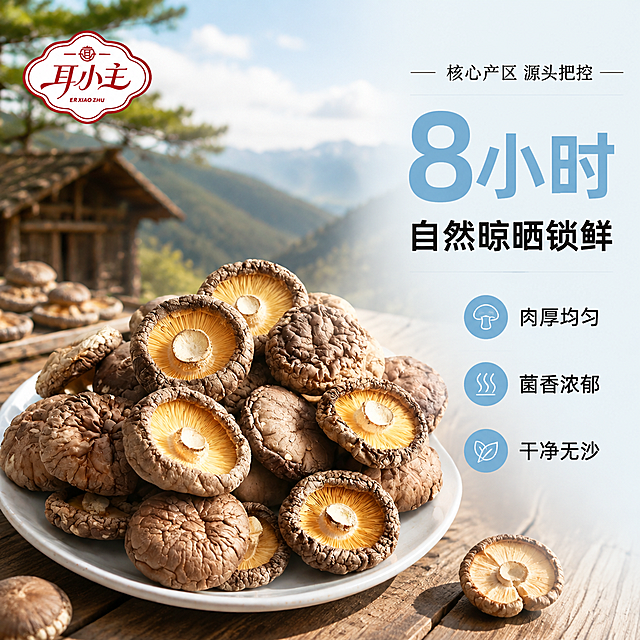 [主图-2] 耳小主干香菇产地溯源与核心亮点图
[氛围风格] 自然产地风 清新食养感 延续浅蓝白主色调
[画质] 商业摄影质感 光线自然通透 细节清晰真实
[元素] 画面主体为一大盘饱满干香菇（保持图2香菇外观：棕褐色菌盖带自然纹理裂纹、菌褶金黄肥厚、菌柄短粗），堆叠在白色陶瓷盘中，盘子放在原木餐桌上。背景虚化呈现山间菌菇种植基地/林间木屋场景剪影，有远山、松树、薄雾，营造产地自然氛围。盘子周围散落几朵完整香菇和半朵切开的香菇展示横截面。左上角放置耳小主红色花形Logo。画面右侧留出负空间放文案。保持干香菇外观与输入产品图一致，杜绝变形色差。商品主体占比约65%。
[光影] 自然暖阳侧逆光 勾勒香菇边缘轮廓 菌褶处有通透光感 盘面有柔和反光 整体温暖自然
[配色] 主色浅蓝+白色（背景与盘子） 辅色原木棕+香菇褐 强调色品牌红+金黄菌褶
[视角构图] 45度俯视偏侧 盘中香菇为视觉中心 背景虚化突出主体 景深中等
[文字版式] 右侧负空间右对齐 超大数字"8小时"浅蓝粗体最大号 下方"自然晾晒锁鲜"黑色粗体中号 再下方三条小卖点各配浅蓝小圆点图标："肉厚均匀"、"菌香浓郁"、"干净无沙" 顶部小字"核心产区 源头把控"
[输出要求] 1:1比例 文字清晰锐利 超高清商业摄影质感
[负向提示词] 变形 文字错乱 产品模糊 背景杂乱 水印 电商平台Logo