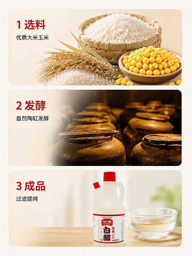 按照以下要求编辑修改图片：1. 将第一张图标题“优质大米豌豆”改为“优质大米玉米”，并把图片里的豌豆替换为黄色的玉米粒；2. 将第三部分成品展示里的长康白醋瓶子替换为提供的第二张图中指定的长康白醋瓶子；3. 将右下角玻璃杯子中醋的颜色修改为微微天然淡黄色。保持原图整体布局、光影、风格不变。