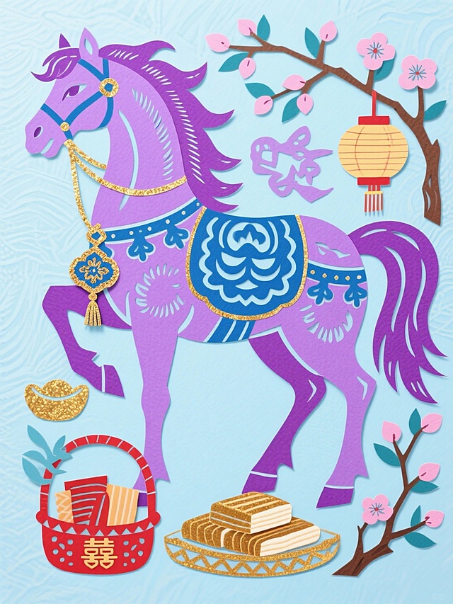 主体是柔紫骏马（装饰宝蓝纹样、刺绣香囊配饰，点缀金箔质感），周围环绕回门礼篮、红糖年糕、手绘花灯、桃木枝等吉祥元素，背景为浅蓝紫纹理，配色浓烈鲜艳（柔紫、宝蓝、浅蓝紫、金等），风格喜庆华贵、充满初二女婿回门的传统年俗寓意
