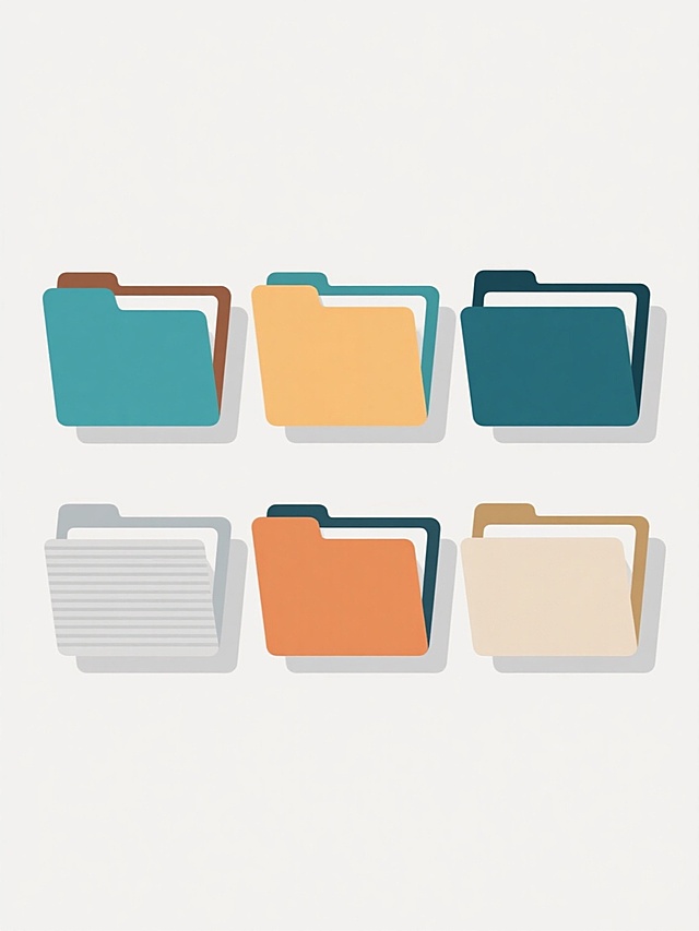 扁平风格插画，白色背景，六个不同样式和材质的文件夹排列整齐，配色简洁明快，采用简约的线条和色块构成，低饱和度色调，轻微的阴影增加立体感，无渐变效果，物体边缘清晰锐利，呈现出干净利落的视觉效果，符合现代简约设计感。