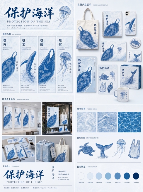优化这张保护海洋主题文创设计展示图，提升整体画面清晰度，让蓝白色调更干净通透，增强纹样细节的辨识度，优化排版让图文更清晰协调，保留所有原有的文字信息和产品布局预览效果