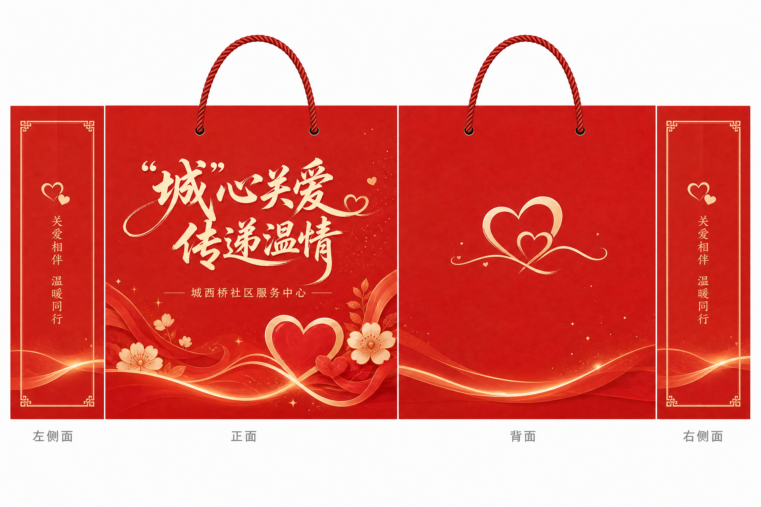 参考图中的红色和米白色配色方案，设计一个横版手提袋的完整展开图… - 图片创意预览