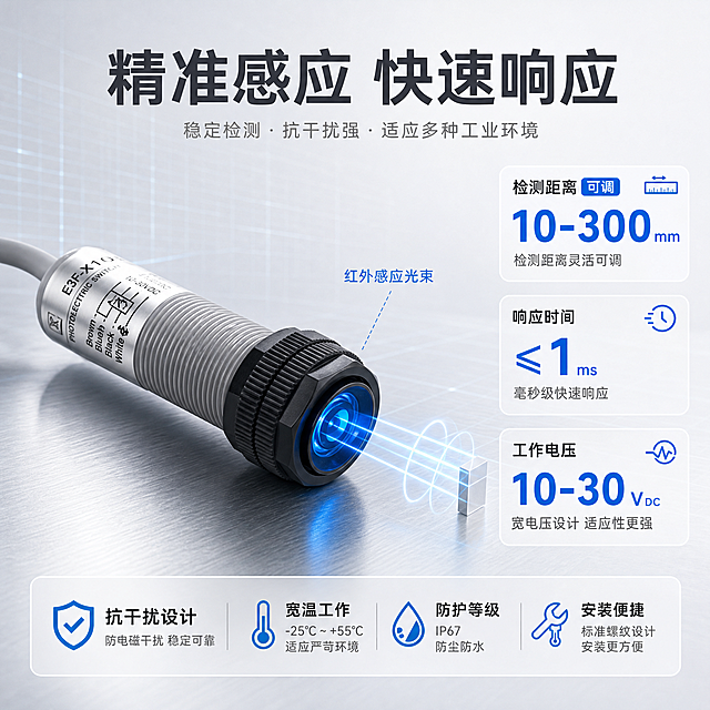[主图-2] 核心性能亮点，展示光电开关的感应原理与技术参数优势。
[统一基调] 清爽简约工业风，背景为浅灰渐变加浅金属台面，主色银灰+科技蓝，标题字深灰，辅助字中灰，强调色蓝色，字体为无衬线粗体，整体干净利落专业。
[画面] 产品主体（光电开关感应头端）居中偏左，占画面50%，感应头朝右，右侧用蓝色光效线条示意红外感应光束，表现感应检测原理。背景为浅灰色科技感渐变，有淡淡的网格线增加技术感。画面右侧和下方布置参数信息块。
[光影质感] 商业摄影质感，感应头镜片有蓝色反光，金属螺纹部分高光清晰，整体光线明亮柔和，阴影自然。
[配色] 背景浅灰带淡蓝科技渐变，文字深灰+蓝色强调，感应光效用淡蓝色半透明线条表现。
[文字版式] 顶部大标题「精准感应 快速响应」，右侧分三个参数块：「检测距离 可调」「响应时间 毫秒级」「工作电压 宽幅适配」，每个参数块用大号数字+小号说明文字排列。底部加一行技术特点：「抗干扰设计 稳定耐用」。文字排版整齐，参数块用细边框或浅底色块区分，保持清爽感。
[输出要求] 1:1正方形，2K分辨率，文字清晰可读，产品清晰完整不变形，无错字，无水印，无平台Logo，画面干净清爽。
