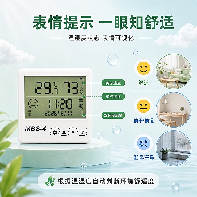[第5张] 详情页功能实测-温湿度监测与表情提示演示。本张使用【图1】作为产品主体。
[氛围/风格] 清新生活风，浅绿蓝调，舒适健康感，商业摄影质感。
[元素布局] 画面中央偏左放置温湿度计，屏幕清晰显示温度、湿度和表情图标；右侧用三个圆形小图分别展示笑脸（舒适）、平脸（偏干/偏湿）、哭脸（潮湿/干燥）三种表情状态；每个表情下方对应环境示意小图标（舒适家居、干燥房间、潮湿角落）；背景为浅绿蓝渐变，有柔和的云朵和水滴装饰元素；产品外观与输入图一致。
[光影质感] 均匀柔光，产品明亮清晰，整体氛围舒适温馨。
[配色色系] 全局底色 #E8F5F0 浅绿蓝；主色白+浅绿；辅助色深绿标题、灰色正文、表情黄/蓝点缀。
[视角构图] 左产品右功能演示，正面视角，阅读动线从左到右。
[文字版式] 顶部主标题「表情提示 一眼知舒适」，副标题「温湿度状态 表情可视化」，居中排列；产品屏幕旁标注「实时温度」「实时湿度」「舒适度表情」三个信息点；右侧三个表情状态分别配文「舒适」「偏干/偏湿」「潮湿/干燥」；底部说明「根据温湿度自动判断环境舒适度」；文字清晰可读。
[比例分辨率] 1:1 方图比例，4K分辨率，文字清晰可辨，高清画质。
[负向提示词] 产品变形，缺件错件，颜色偏差，水印，文字错乱，文字过小，产品图模糊，背景杂乱。