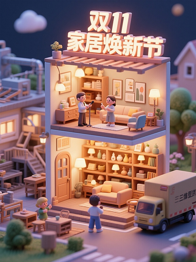 软3D粘土风微缩场景，温馨灯光营造舒适家居氛围，卡通人物互动生动，双11家居焕新节主题鲜明，充满节日温暖感。