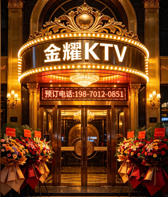 将招牌名称改为'金耀KTV'，预订电话改为'预订电话: 198-7012-0851'，保持图片装修、开业花篮等所有其他元素和欧式奢华风格不变预览效果