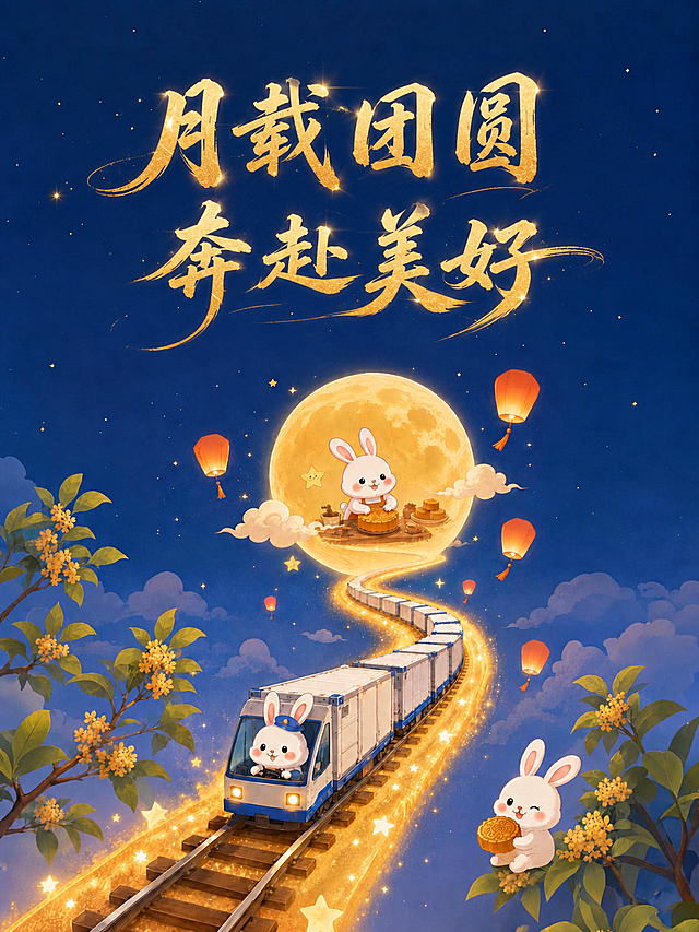 在这张中秋节插画顶部深蓝色星空留白区域，将“月载团圆 奔赴美好”八个字调整为上下两行排列：“月载团圆”在上，“奔赴美好”在下，保持东方国潮烫金书法风格不变，字体暖金色带光泽，毛笔书法行云流水笔势，居中排版，不改变原有插画内容，文字完整不被裁切。