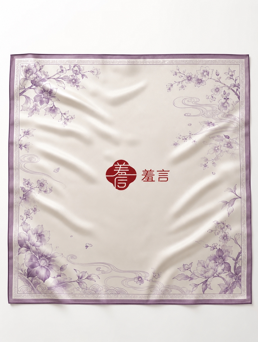 高端女性真丝混纺手帕设计图，正面平铺展示整块手帕的全部细节。手… - 图片创意预览