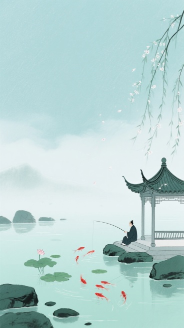 新中式背景，淡雅水墨风格插画，以淡青色和浅绿色为主色调，画面呈现宁静悠远的氛围。右下角是一座线条勾勒的中式传统亭子，飞檐翘角，细节精致。亭下有一位身着深色衣袍的人静坐垂钓，身旁有几尾红色锦鲤在浅绿色的池塘中游动。水面上漂浮着几片荷叶，周围点缀着大小不一的墨绿色石块。背景是朦胧的淡青色天空，点缀着细密的白色纹理，似云似雾，左侧有几缕柳枝轻轻垂下，飘落的花瓣增添了诗意。整体构图简洁空灵，笔触轻柔，……预览效果