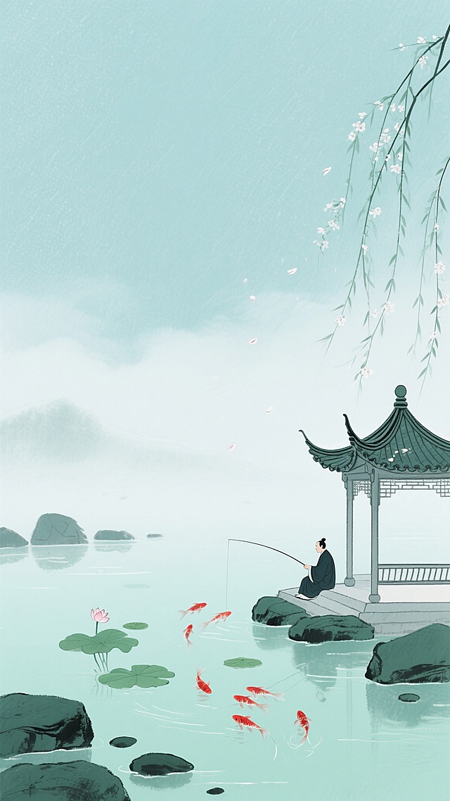 新中式背景，淡雅水墨风格插画，以淡青色和浅绿色为主色调，画面呈现宁静悠远的氛围。右下角是一座线条勾勒的中式传统亭子，飞檐翘角，细节精致。亭下有一位身着深色衣袍的人静坐垂钓，身旁有几尾红色锦鲤在浅绿色的池塘中游动。水面上漂浮着几片荷叶，周围点缀着大小不一的墨绿色石块。背景是朦胧的淡青色天空，点缀着细密的白色纹理，似云似雾，左侧有几缕柳枝轻轻垂下，飘落的花瓣增添了诗意。整体构图简洁空灵，笔触轻柔，具有传统水墨画的韵味和现代简约的设计感，营造出淡泊宁静、悠然自得的东方意境。