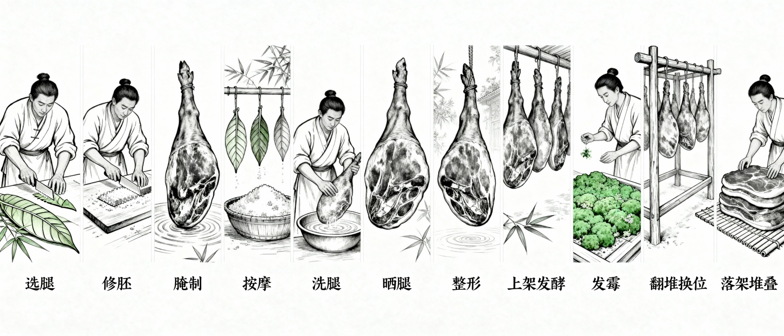 东阳制火腿工艺流程长卷插画，纯白色背景，精细的黑白线稿，流程排版尽量整齐，每个流程单独在一个画面里；画面分别体现10道制作流程：第一阶段：准备与腌制（冬季进行）
1.选腿：精选当地“两头乌”猪的后腿，预览效果