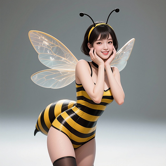 穿着蜜蜂服装的妩媚美女，摆着惹人疼爱的pose，背景纯白色底图