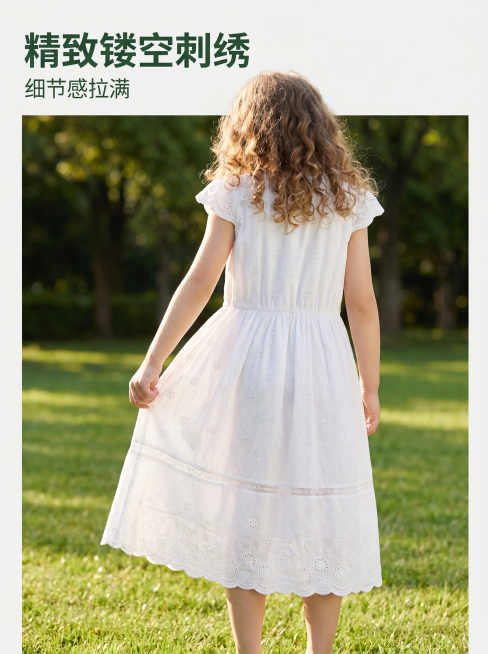 [主图-2] 女童法式镂空白裙背面全身模特穿戴展示。
[氛围风格] 清新自然户外风，高级松弛感，自然抓拍，阳光草坪氛围；
[画质] 商业摄影质感、光线柔和通透、产品清晰真实、画面干净高级。
[元素]预览效果