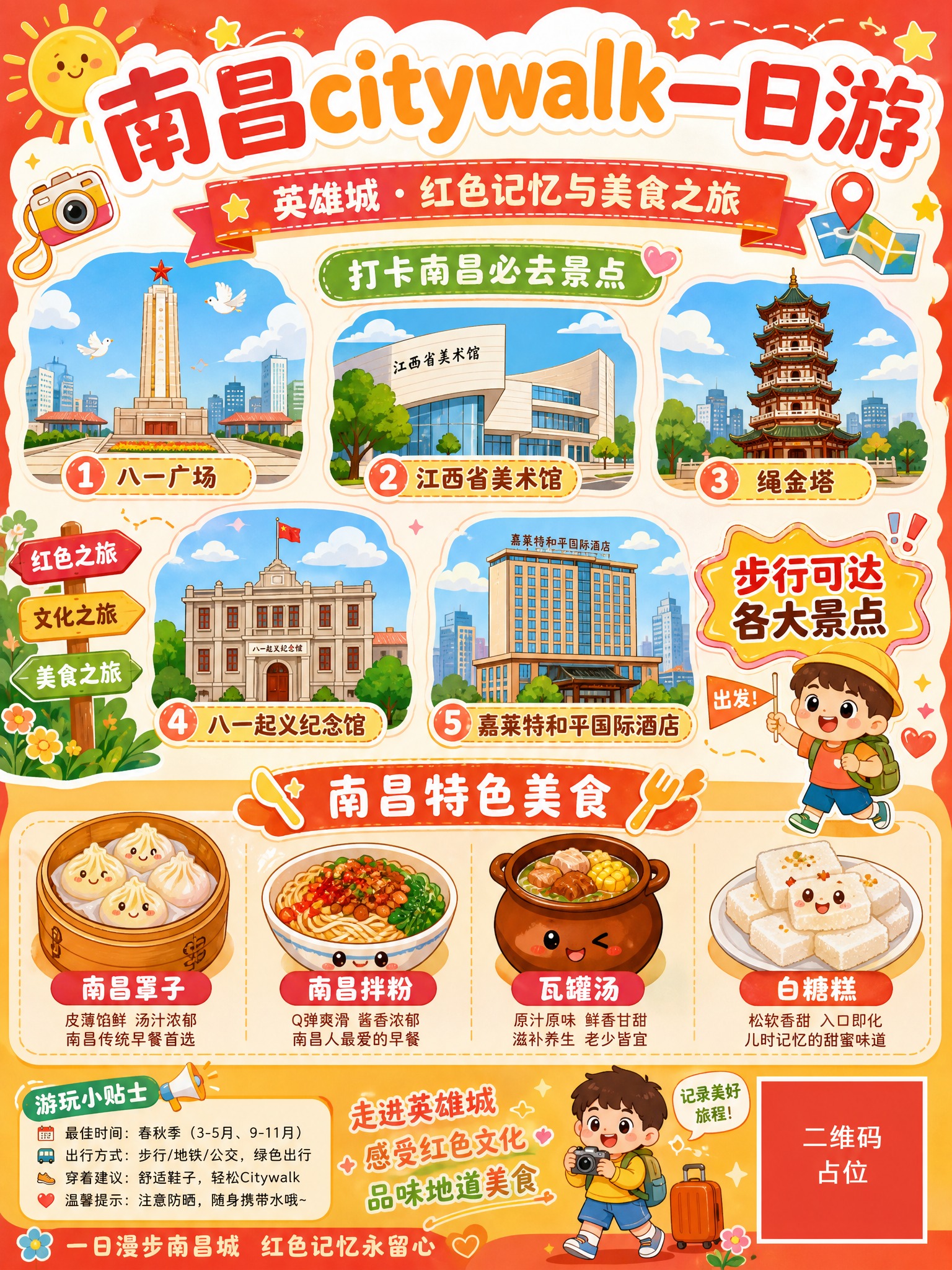 南昌citywalk一日游旅游攻略海报，儿童插画风格，画面卡通… - 图片创意预览