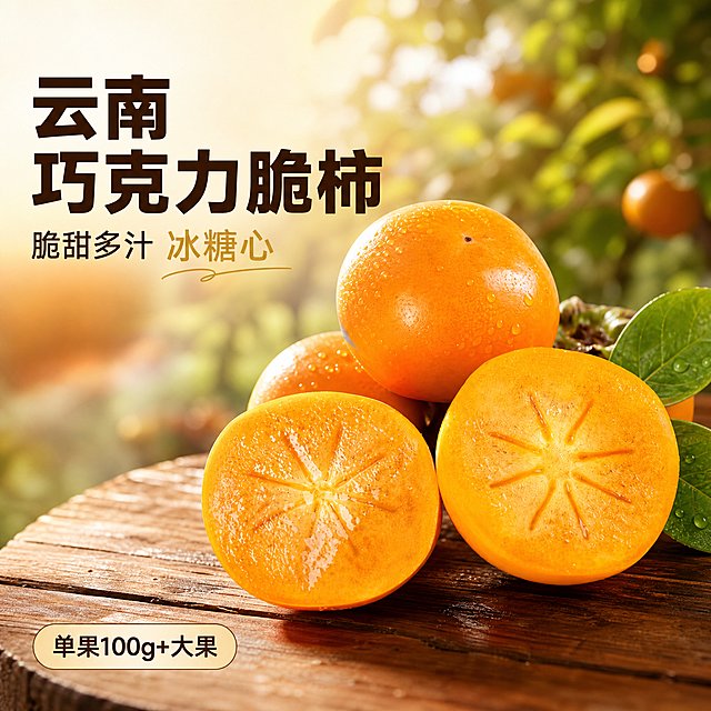 [主图-1] 首图点击率 突出云南巧克力脆柿爆甜脆爽的食欲感 左文右图版式
[统一基调] 京东品质稳重风格 自然暖阳逆光 暖橙主色调 深棕标题字 浅金辅助字 粗黑体主标题 细黑体辅助文案 文字占比<30% 一图一重点
[画面] 左侧为标题文案区 右侧主体为完整的巧克力脆柿与对半切开的脆柿组合 果肉呈现诱人的橙黄色冰糖心纹理 表面带有新鲜水珠 背景是虚化的云南果园自然光环境 有阳光透过树叶的光斑效果 柿子下方有自然的木质台面承接 主体占画面约65% 视角为略微俯视的45度角 产品外观颜色形状与输入图一致
[光影质感] 自然暖阳逆光 突出果肉的通透感和光泽 果皮表面有自然高光和细腻纹理 切开的果肉呈现水润晶莹的质感 阴影柔和自然 商业摄影级高清质感
[配色] 背景暖橙渐变与果园绿色融合 主标题深棕色 辅助文案深褐色 强调字暖金色
[文字版式] 左上角主标题大字"云南巧克力脆柿" 下方副标题"脆甜多汁 冰糖心" 左下角小标签"单果100g+大果" 文字横排 不遮挡主体
[输出要求] 1:1正方形 2048px 文字清晰可读 产品清晰完整 禁止变形 错字 模糊 杂乱 水印 京东Logo 绝对化用语