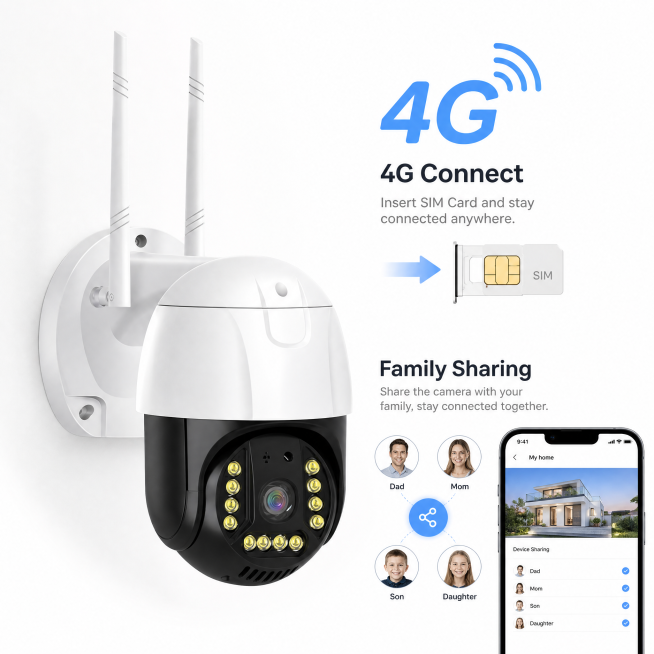 监控摄像头商品主图，突出4G连网和家庭共享卖点，欧美简约风格，适配亚马逊预览效果