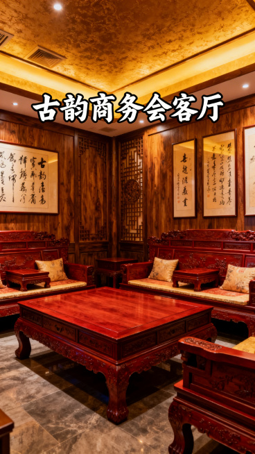 西安商务KTV场景，中式古典装修风格，红木家具，书法字画装饰，古色古香的氛围，添加文字“古韵商务会客厅”预览效果