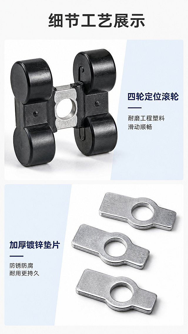 [第7屏] 产品配件细节微距展示-碳钢格栅固定钩核心配件细节放大。使用【图1】和【图3】作为细节参考，分别展示滚轮组件和垫片细节。
[氛围/风格] 细节特写专业风，突出工艺精度，清晰锐利质感。
[元素布局] 顶部主标题，画面分为上下两个细节区域，上半部分展示滚轮固定组件微距，下半部分展示金属垫片细节，每个细节配文字说明，一分为二排版，信息清晰。
[光影质感] 侧光突出细节纹理，滚轮塑料质感和垫片金属质感清晰，阴影层次自然，细节轮廓清楚。
[配色色系] 全局底色：#F8F9FA；细节背景：纯白色；文字：#2A2D34；细节标注：浅蓝色块衬托。
[视角构图] 上下分块构图，每个细节占据约一半区域，微距特写视角，让细节放大清晰可见。
[文字版式] 顶部主标题 "细节工艺展示" 加粗深色；上区标题 "四轮定位滚轮"，说明 "耐磨工程塑料 滑动顺畅"；下区标题 "加厚镀锌垫片"，说明 "防锈防腐 耐用更持久"，每个区域文字位于细节一侧，不遮挡主体细节。
[比例分辨率] 9:16竖版比例，4K分辨率，文字清晰可辨，超高清。
[负向提示词] 细节模糊，结构变形，文字重叠，水印，颜色偏差。