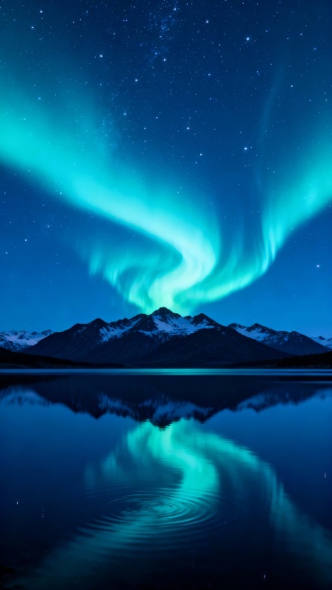 超写实摄影风格的极光夜景，深邃的深蓝色夜空布满闪烁的星星，天空中舞动着明亮的蓝绿色极光，呈现出飘逸的弧形和流动的光带，下方是连绵起伏、山顶覆盖着皑皑白雪的山脉剪影，山脉前方是平静如镜的深蓝色湖面，完美倒映着天空中的极光和山脉轮廓，湖水泛着微光涟漪，整体色调以深蓝、青绿为主，光影对比柔和，营造出宁静、神秘而壮丽的自然氛围，画面构图采用对称平衡的三分法，空间层次分明，极光的动态感与湖面的静态倒影形……预览效果
