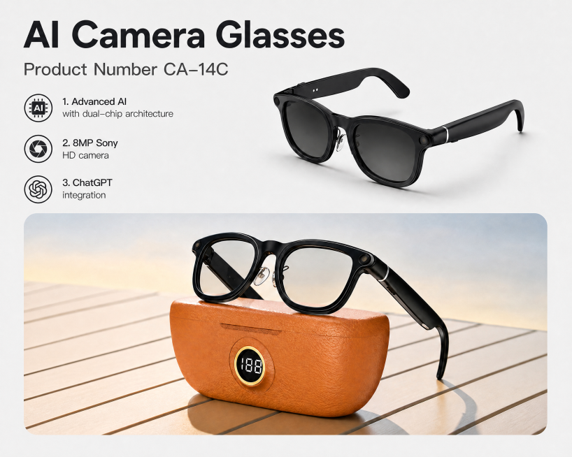 调整AI Camera Glasses海报尺寸为940x788，保持原有内容和构图不变预览效果