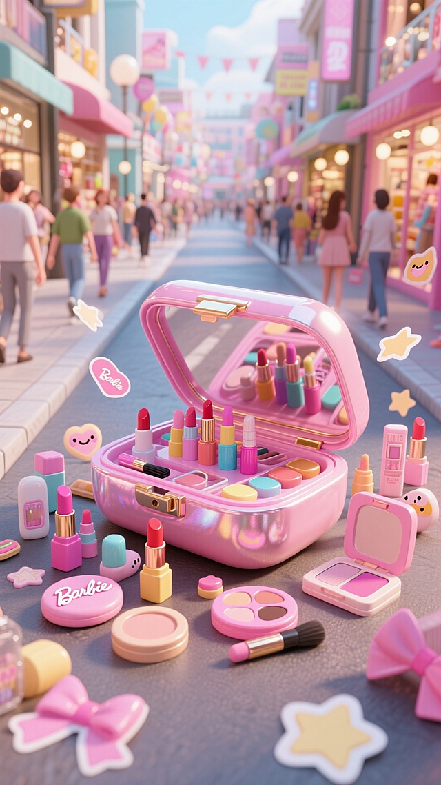 街道上巨大芭比风化妆盒，里面和周围装满并环绕各类可爱商品（美容美妆品），周围有漂浮的商品与小装饰元素，背景是商场购物街