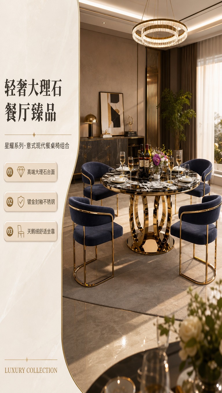 [商品] 使用【图1】圆形大理石餐桌和【图2】深蓝色天鹅绒餐椅… - 图片创意预览