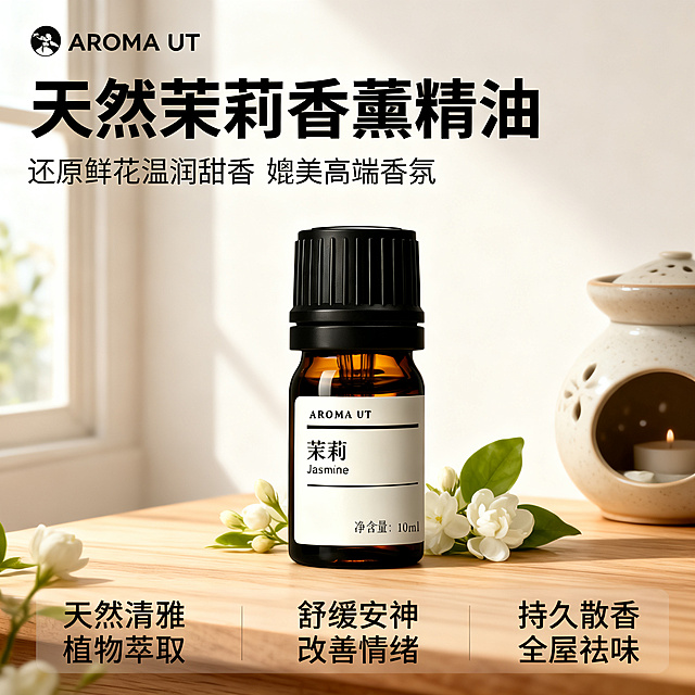[主图-1] 茉莉香薰精油首图，展示产品融入温馨治愈居家场景
[氛围风格] 极简治愈家居风，洁净明亮，淡雅高级
[画质] 商业摄影质感、光线柔和通透、产品清晰真实、画面干净高级
[元素] 茉莉香薰精油棕色玻璃瓶居中放置在浅原木桌面，旁侧点缀几朵新鲜茉莉花和陶瓷香薰炉，背景是米白色墙面，整体氛围宁静温馨。保持茉莉香薰精油外观（物理结构、材质质感、标签文字颜色）与输入产品图绝对一致，杜绝任何变形和色差，精细化处理。商品主体占比严格控制在65%左右，画面满屏无边框
[光影] 柔和自然侧窗光，整体亮度均匀通透，精油瓶玻璃呈现自然高光，木质桌面漫反射增加层次感，阴影柔和不突兀
[配色] 主色调浅木色+米白色，点缀茉莉白色，整体干净清爽，色调统一
[视角构图] 平视角度，景深中等，产品为视觉中心，背景虚化突出主体
[文字版式] 画面左上角安全区放置提取后的品牌AROMA UT Logo，左对齐。主标题大字文案写"天然茉莉香薰精油"，黑色粗体无衬线最大号；辅助文案写"还原鲜花温润甜香 媲美高端香氛"，字号缩小一半同色系。底部三列均分展示核心卖点：第一列「天然清雅」「植物萃取」；第二列「舒缓安神」「改善情绪」；第三列「持久散香」「全屋祛味」，文字左对齐，深浅对比清晰
[输出要求] 1:1比例，文字清晰锐利，超高清商业摄影质感
[负向提示词] 变形，文字错乱，产品图模糊，背景杂乱，水印，电商平台Logo