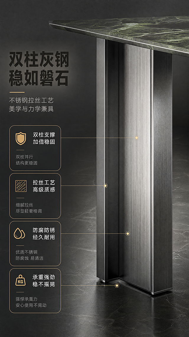 [商品] 使用【图1】普拉达绿奢石餐桌桌腿部分；保留不锈钢拉丝灰钢双柱桌腿的造型、比例、拉丝纹理、灰钢颜色；增强不锈钢拉丝的金属质感、反光层次和工业精密感。
[画面] 目标：桌腿结构解析，展现不锈钢双柱桌腿的稳固设计。构图：左文右图，左侧约2/5文案说明区，右侧桌腿中下部特写，桌腿部分占画面约45%。场景：深灰高级背景，聚焦双柱桌腿结构，展示不锈钢拉丝的细腻纹理和双柱并行的稳固设计，底部与地面接触的阴影清晰，体现稳重感。景别：中特写，聚焦桌腿结构与材质细节。
[视觉] 套系策略：风格=意式轻奢高级商业摄影；标题字=现代简约粗黑体；正文字=纤细无衬线体；主色=深墨绿+高级灰；背景延展=基于深墨绿与高级灰做深浅层级、同色渐变和细腻石材/金属质感；强调色=香槟金，仅用于小面积图标、引线和标签；标题色=深炭灰；正文色=中暖灰；组件=细线信息卡、金属质感引线、圆角标签；光影=侧光勾勒金属轮廓，突出拉丝纹理的细腻反光与双柱结构的立体感。
[文字] 左侧文案区：主标题"双柱灰钢 稳如磐石"，副标题"不锈钢拉丝工艺 美学与力学兼具"，4个结构卖点："双柱支撑 加倍稳固"、"拉丝工艺 高级质感"、"防腐防锈 经久耐用"、"承重强劲 稳不摇晃"，配引线指向桌腿对应结构位置。
[规格] 图片比例9:16竖版，4K，避免变形、错字、文字过小、冷蓝背景、产品颜色改变、结构失真、极限词。