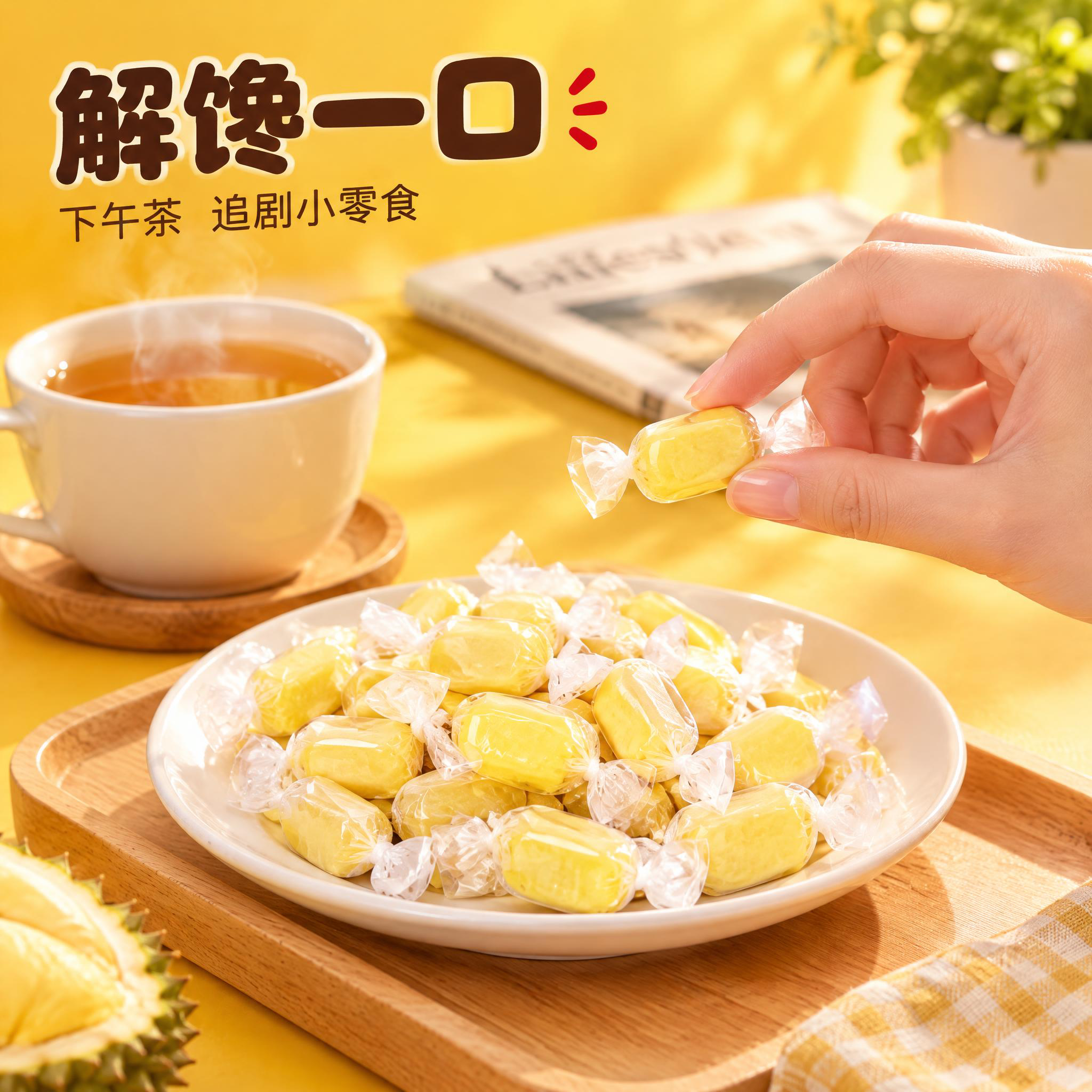 【主图-4】商品名称：泰国榴莲糖。任务：真实食用场景图，表现下… - 图片创意预览