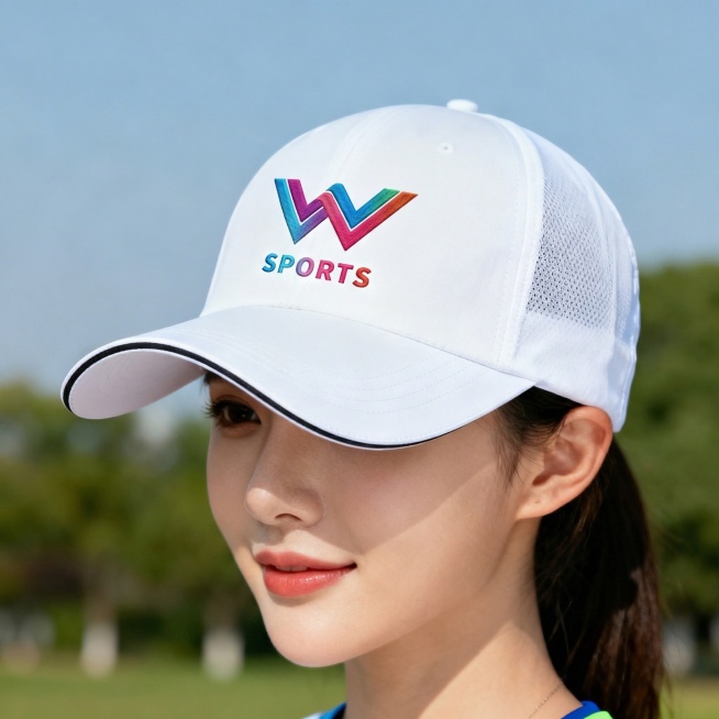 将这顶白色帽子上的logo替换为原始图片中的彩色渐变双层W字母和彩色渐变SPORTS文字，保持白色帽子主体不变，高清产品展示图预览效果