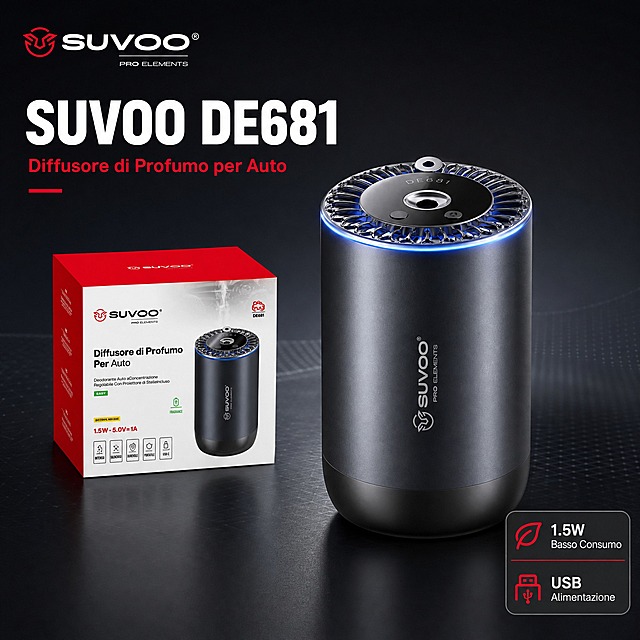 [主图-1] 商品识别与核心利益，展示SUVOO DE681车载香薰机完整产品外观与品牌识别。
[统一基调] 1688 B端源头工厂感，科技简约风格，以品牌红黑为主色调，深灰科技渐变背景，白色主标题字，红色强调色，无衬线粗体字体，圆角信息卡片，整体专业稳重有品质感。
[画面] 产品居中偏右，占画面约65%，采用30°仰视角度展示完整圆柱形机身，深灰色金属质感外壳，顶部出香口带蓝色氛围灯环，底部黑色底座，产品轮廓完整不切割。左上角放置SUVOO PRO ELEMENTS品牌Logo与型号DE681标识。左侧负空间放置产品包装盒，包装盒为红白配色，正面印有品牌Logo与产品图，包装盒略小于产品主体，形成主从关系。背景为深灰到黑色的径向渐变，点缀细微科技网格纹理，营造高端数码产品氛围。底部有微弱产品投影，增强立体感。
[光影质感] 商业摄影棚拍质感，主光从左上方45°照射，产品左侧形成高光带，右侧有柔和阴影，金属外壳体现细腻磨砂质感，顶部灯环有微弱发光效果，整体光影干净通透。
[配色] 背景深灰黑渐变，产品深灰+黑色，品牌红色用于Logo和强调元素，白色用于主标题，蓝色用于灯环点缀。
[文字版式] 左上角品牌Logo下方用大号白色粗体写"SUVOO DE681"，下方小号红色字写"Diffusore di Profumo per Auto"。右下角圆角信息卡片内写"1.5W Basso Consumo"和"USB Alimentazione"。文字不遮挡产品主体。
[输出要求] 1:1正方形比例，产品清晰锐利，文字清晰可读，无变形，无错字，无水印，无平台Logo，无多余杂物。
