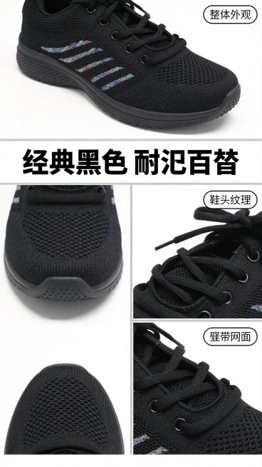[第7屏] 黑色款运动鞋细节组合展示。
[氛围/风格] 简约高级展示风，纯白背景，突出酷感黑色运动鞋，清晰商业摄影质感。
[元素布局] 同样三格拼接布局，上半部分放图4黑色款整体外观，左下放图7鞋头细预览效果