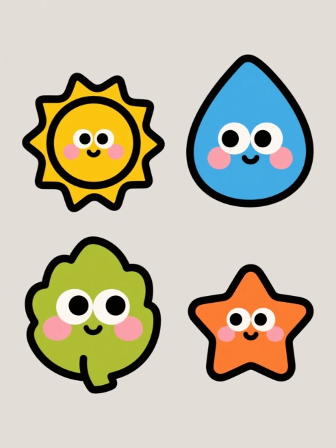 一系列4个不同元素的可爱卡通图标集合，每个图标均采用简约扁平风格，纯色色块填充，轮廓为粗黑色线条，造型圆润可爱，带有夸张的大眼睛和腮红元素，分别为黄色太阳、蓝色水滴、绿色树叶和橙色星星，元素类目保持统一的可爱表情符号风格，整体色彩变换为对应主题色，每个图标独立置于纯色背景上，规整排布成2x2网格，保持原图像的简洁明快风格和视觉统一性。预览效果