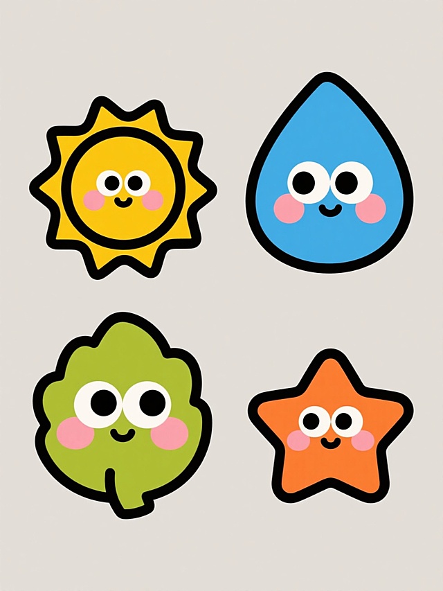 一系列4个不同元素的可爱卡通图标集合，每个图标均采用简约扁平风格，纯色色块填充，轮廓为粗黑色线条，造型圆润可爱，带有夸张的大眼睛和腮红元素，分别为黄色太阳、蓝色水滴、绿色树叶和橙色星星，元素类目保持统一的可爱表情符号风格，整体色彩变换为对应主题色，每个图标独立置于纯色背景上，规整排布成2x2网格，保持原图像的简洁明快风格和视觉统一性。