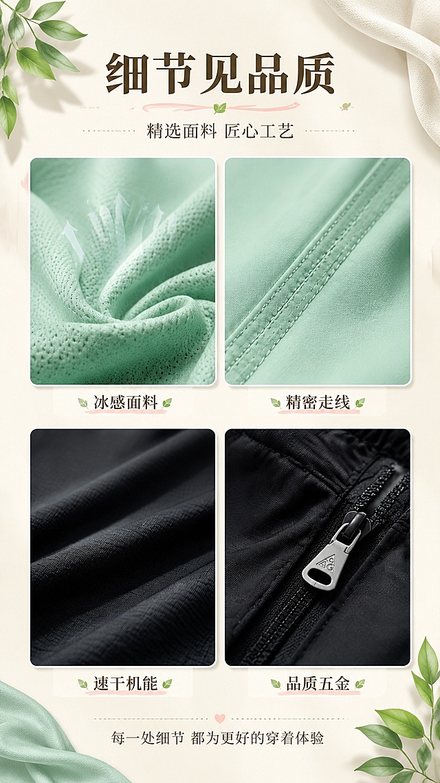 [第8屏] 详情页细节工艺-面料质感走线防晒科技细节特写。本屏使用【图5】防晒衣面料、【图9】长裤面料作为细节参考。
[氛围/风格] 品质工艺风，清新自然，微距质感，高级感。
[元素布局] 采用2×2宫格展示4个细节：左上为防晒衣面料微距特写（轻薄透气网眼纹理），右上为衣服缝线工艺（细密走线），左下为长裤面料质感（速干机能面料纹理），右下为拉链/口袋五金细节；每格加白色细边框+圆角；背景为浅米色纸张质感，加植物叶片和布料褶皱装饰；中间加标题区。
[光影质感] 柔和侧光，突出面料纹理和质感，细节清晰可见，整体温暖有品质感。
[配色色系] 全局底色 #FAF6F0 米白纸张色；主色米白、浅灰；辅助色薄荷绿、粉色点缀、深棕文字。
[视角构图] 2×2宫格居中构图，阅读动线顶部标题 → 左上→右上→左下→右下依次浏览细节。
[文字版式] 顶部主标题「细节见品质」粗体深棕大字；副标题「精选面料 匠心工艺」在下方；每格下方加小号标签文字：「冰感面料」「精密走线」「速干机能」「品质五金」；底部加一行小字「每一处细节 都为更好的穿着体验」。
[比例分辨率] 9:16 竖版比例，4K分辨率，文字清晰可辨，高清画质。
[负向提示词] 面料纹理失真，颜色偏差，水印，文字错乱，细节模糊，构图杂乱。