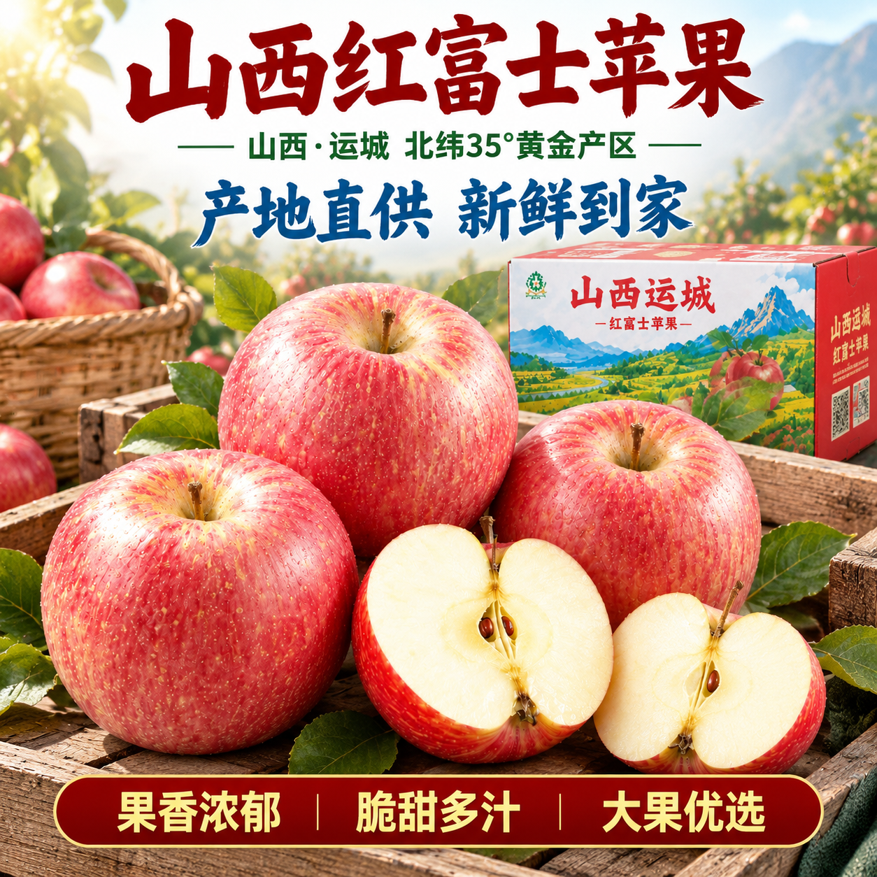 [主图-4] 木箱果篮丰收场景，展示山西运城红富士苹果的产地直… - 图片创意预览