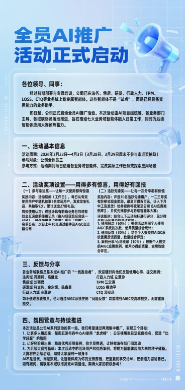 企业内部通知海报，风格为浅蓝色渐变科技风，有网格底纹、半透明玻璃态卡片、喇叭、几何方块元素，整体清新商务，标题为“全员AI推广活动正式启动”，海报内完整展示以下所有文字内容：
各位领导、同事：
经过前预览效果