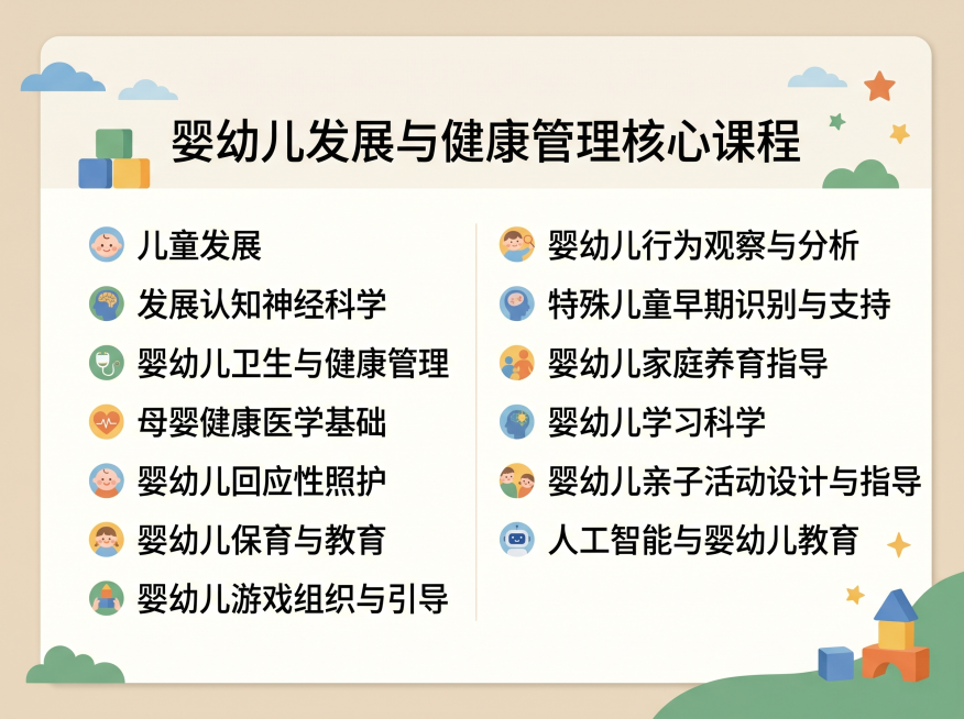 婴幼儿发展与健康管理核心课程，主标题为"婴幼儿发展与健康管理核心课程"，完整包含所有课程：儿童发展、发展认知神经科学、婴幼儿卫生与健康管理、母婴健康医学基础、婴幼儿回应性照护、婴幼儿保育与教育、婴幼儿预览效果