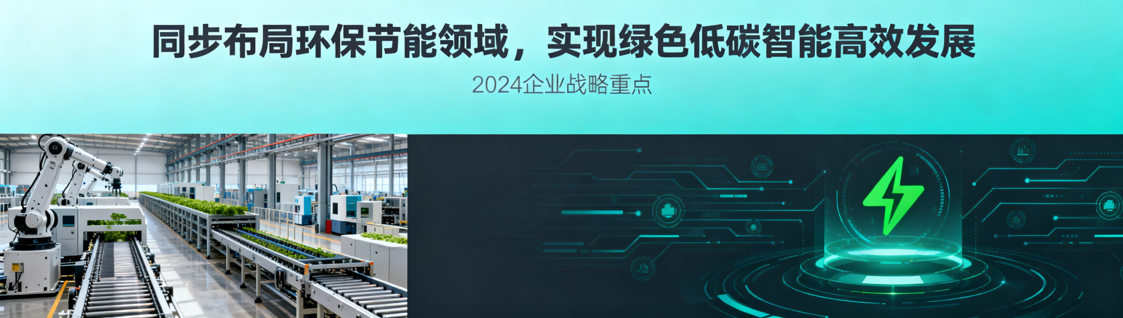 1920X545横屏企业宣传轮播图，简洁大气商务风格，主题为环保节能与工业自动化，画面干净专业，配文：同步布局环保节能领域，实现绿色低碳智能高效发展预览效果